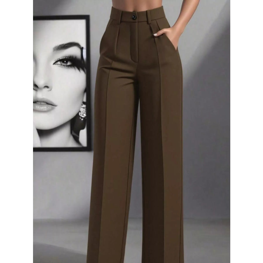 High-Waisted Wide Leg Pants Brown / S Apparel and Accessories