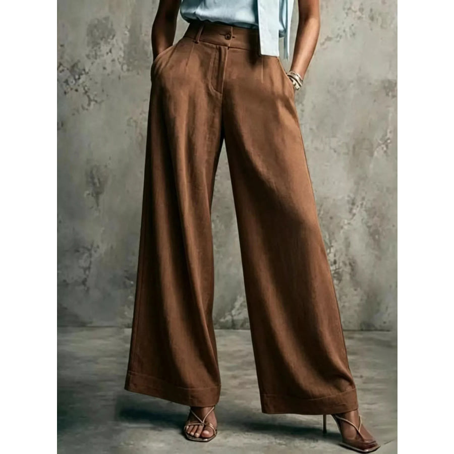 High-Waisted Wide-Leg Pants Brown / S Apparel and Accessories