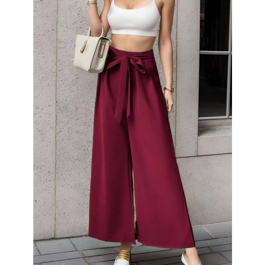 High-Waisted Wide-Leg Pants Burgundy / S Apparel and Accessories