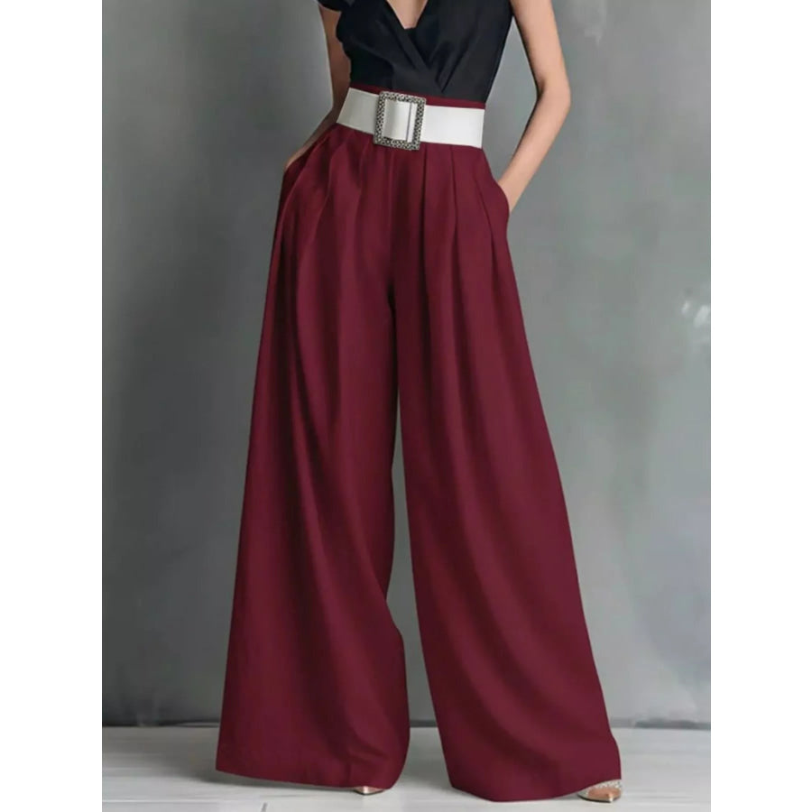 High-Waisted Wide-Leg Pants Burgundy / S Apparel and Accessories