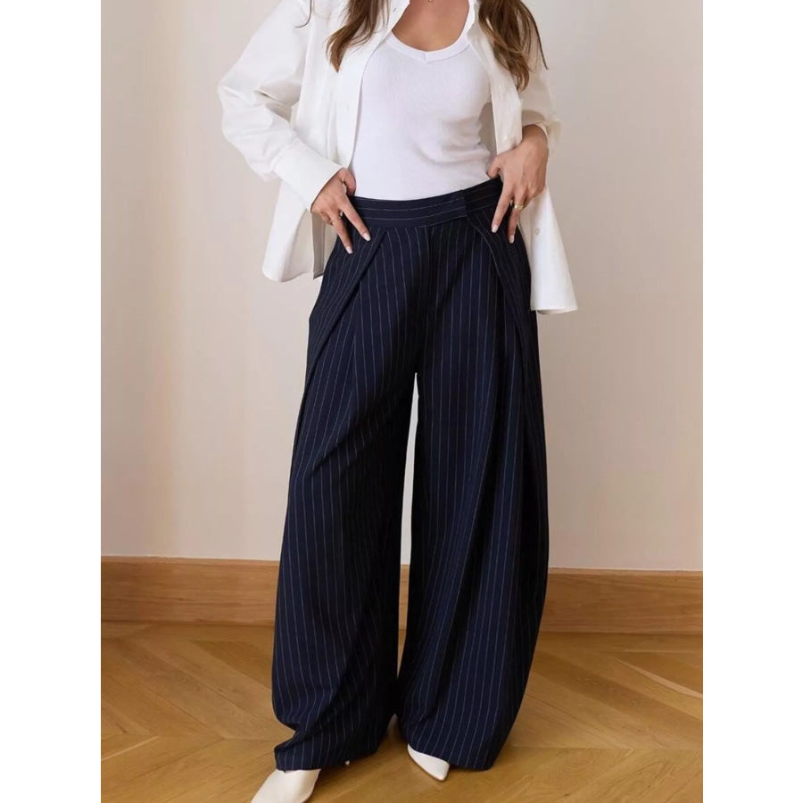 High-Waisted Wide-Leg Pants Dark Blue Stripes / S Apparel and Accessories