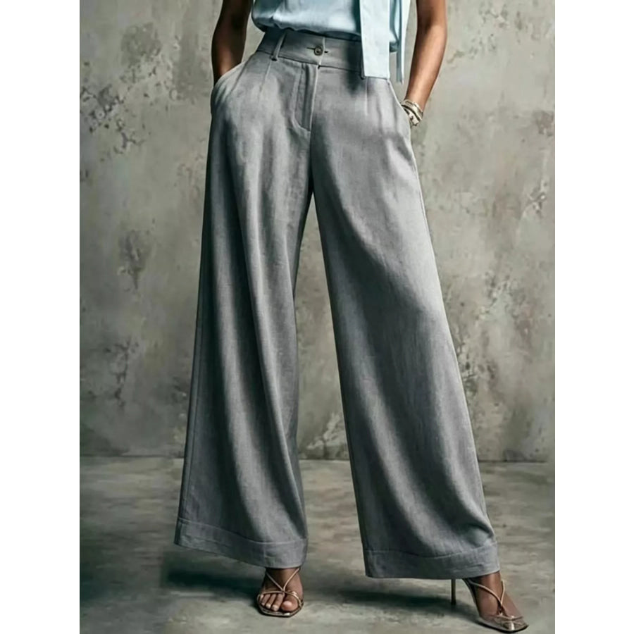 High-Waisted Wide-Leg Pants Gray / S Apparel and Accessories