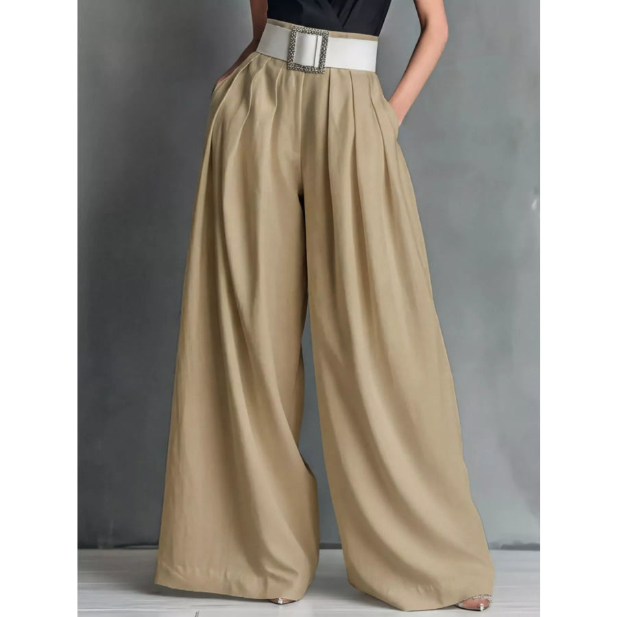 High-Waisted Wide-Leg Pants Khaki / S Apparel and Accessories