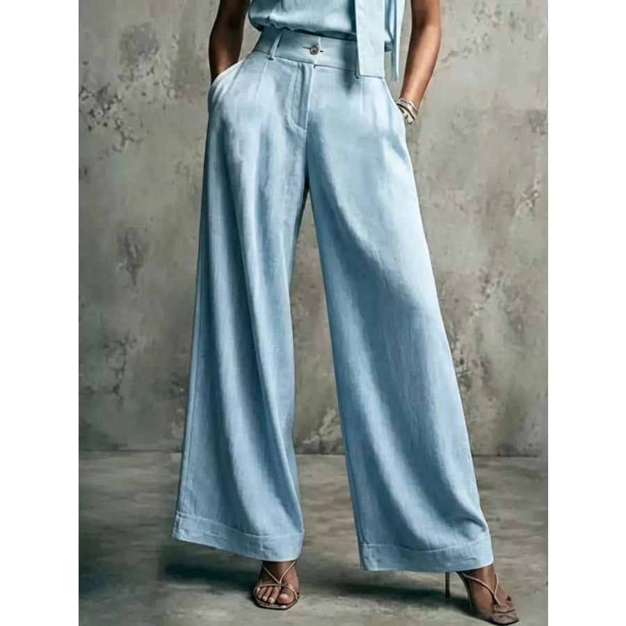 High-Waisted Wide-Leg Pants Light Blue / S Apparel and Accessories