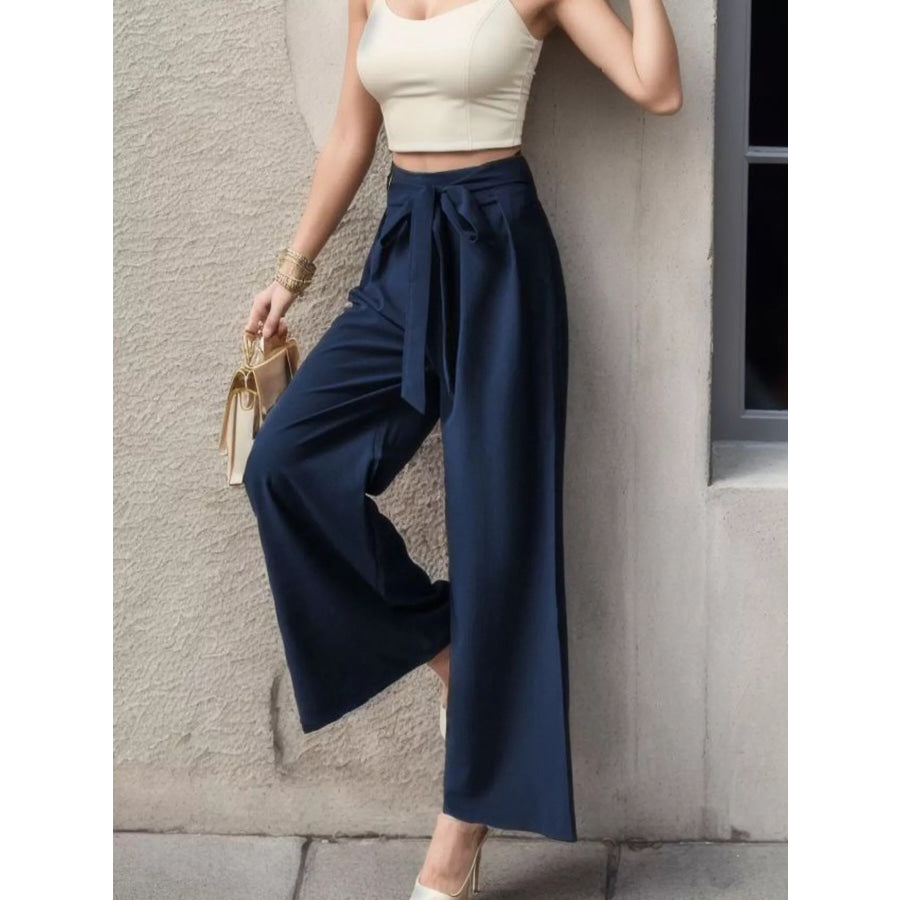 High-Waisted Wide-Leg Pants Navy Blue / S Apparel and Accessories
