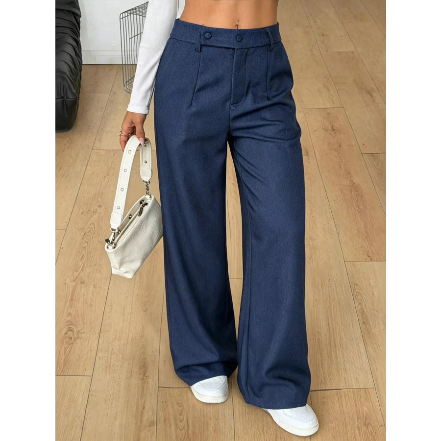 High-Waisted Wide-Leg Pants with Button Detail Apparel and Accessories