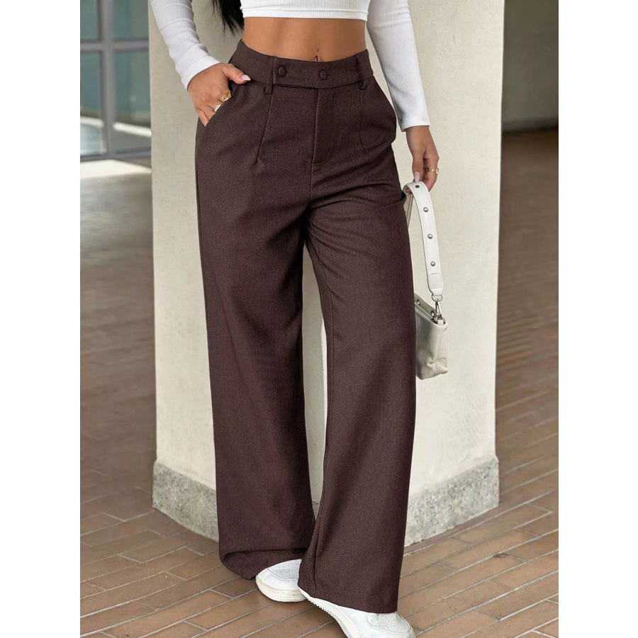 High-Waisted Wide-Leg Pants with Button Detail Apparel and Accessories