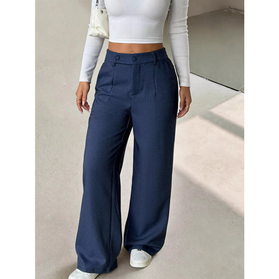 High-Waisted Wide-Leg Pants with Button Detail Apparel and Accessories