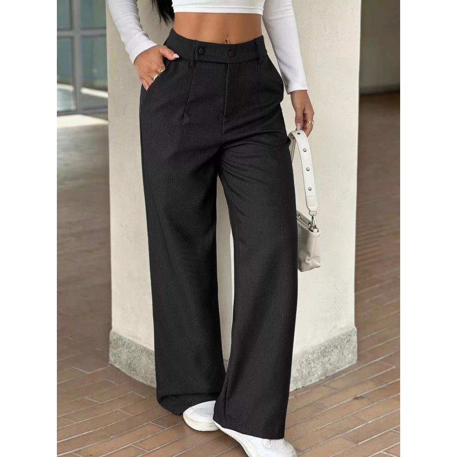 High-Waisted Wide-Leg Pants with Button Detail Apparel and Accessories