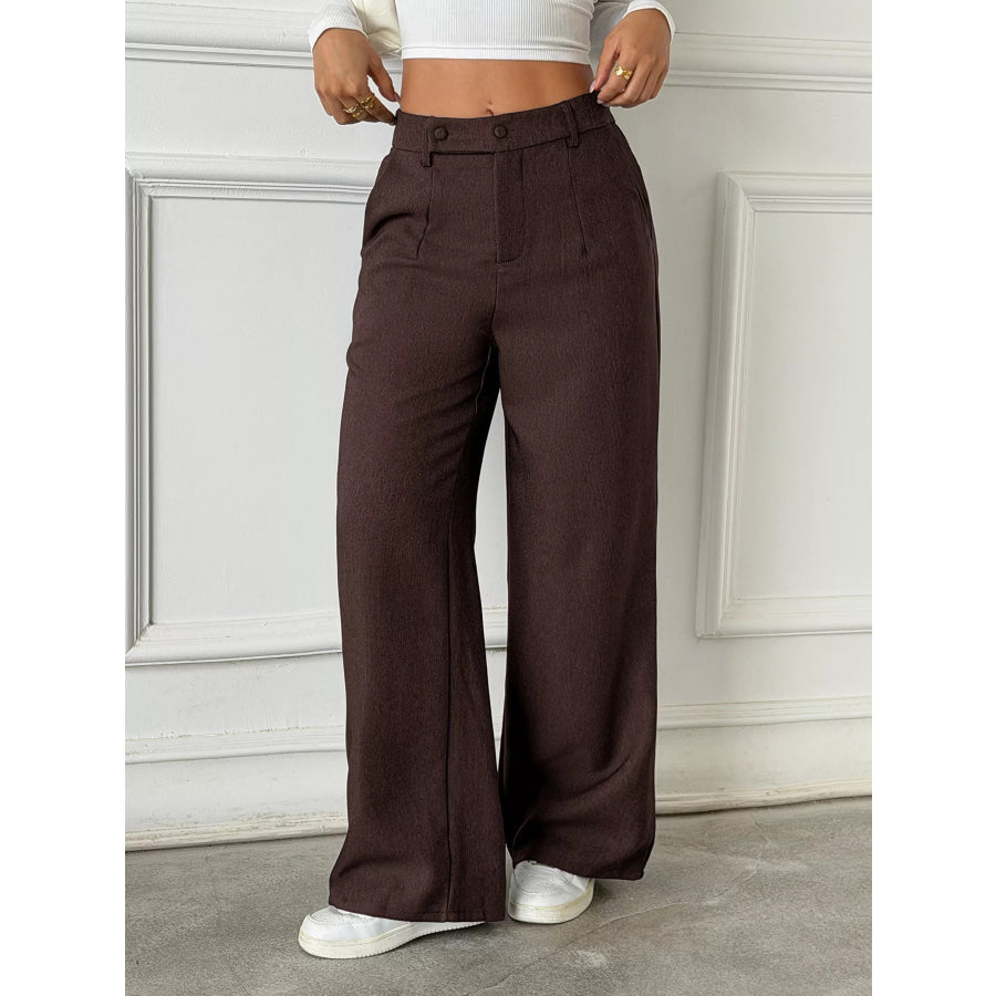 High-Waisted Wide-Leg Pants with Button Detail Brown / S Apparel and Accessories