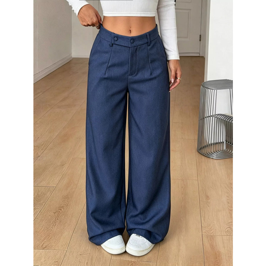 High-Waisted Wide-Leg Pants with Button Detail Navy / S Apparel and Accessories