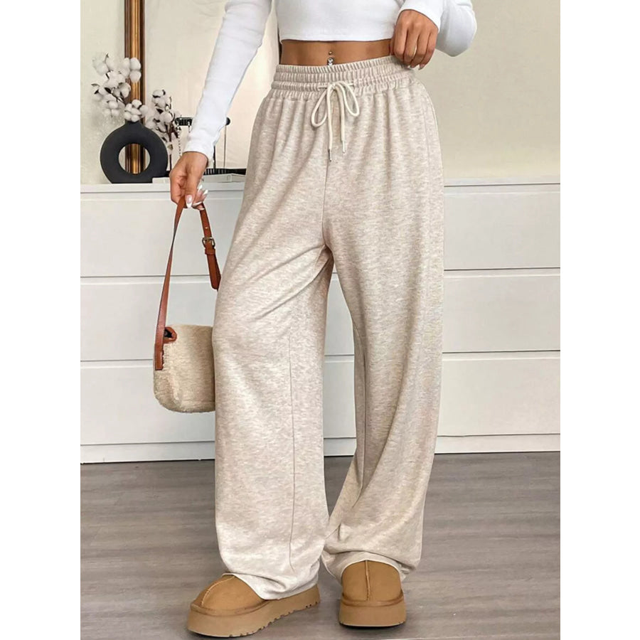 High-Waisted Wide-Leg Pants with Drawstring Apricot / S Apparel and Accessories