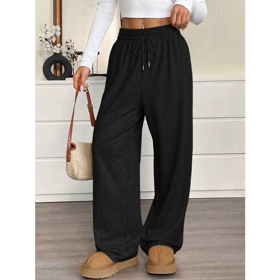 High-Waisted Wide-Leg Pants with Drawstring Black / S Apparel and Accessories