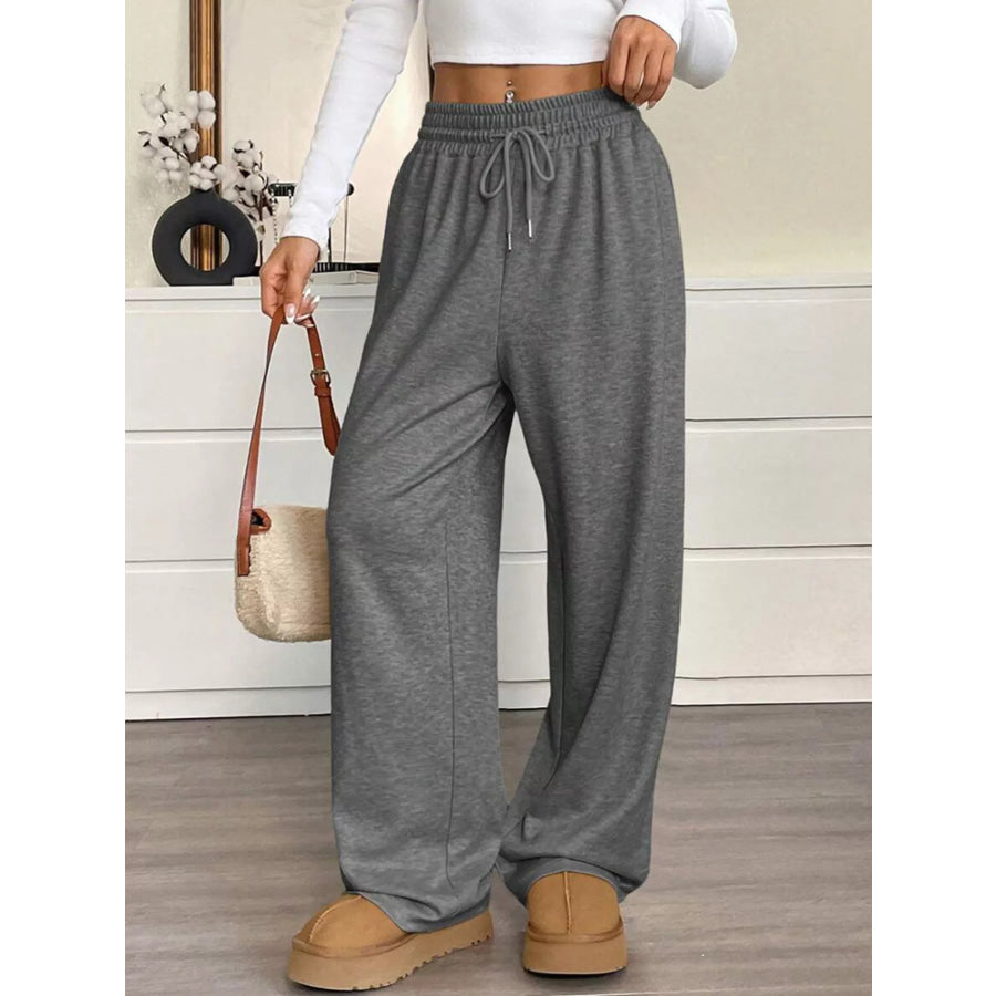 High-Waisted Wide-Leg Pants with Drawstring Dark Gray / S Apparel and Accessories