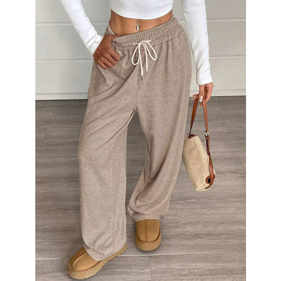 High-Waisted Wide-Leg Pants with Drawstring Khaki / S Apparel and Accessories