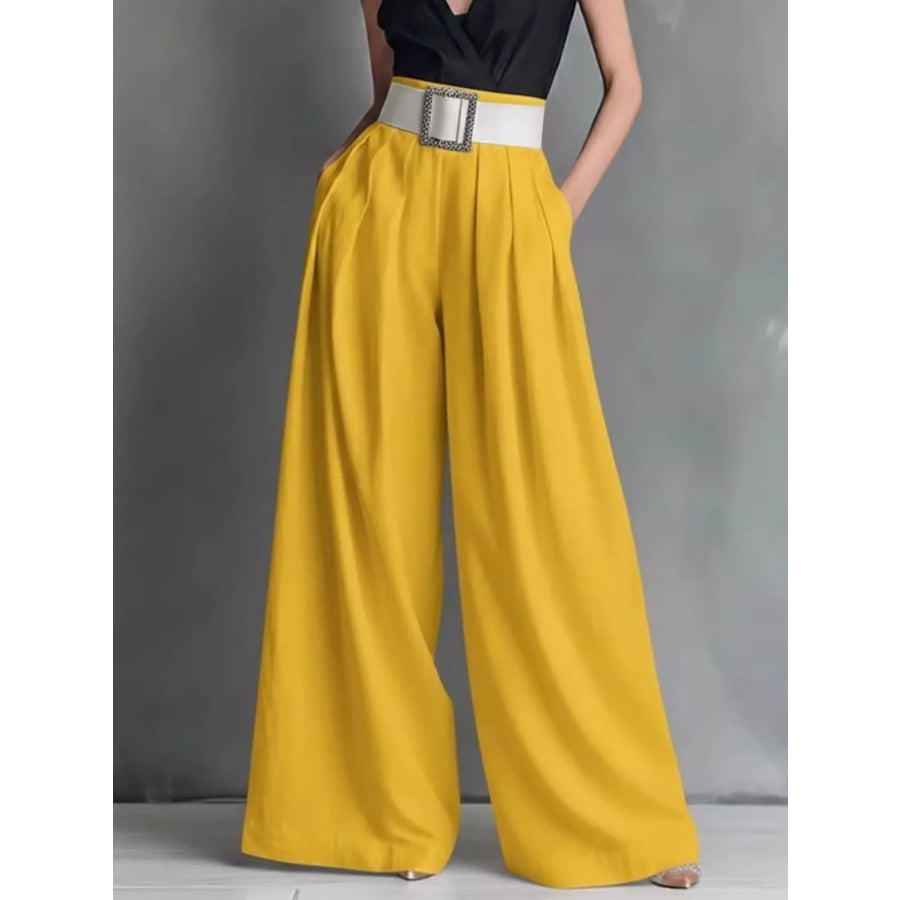 High-Waisted Wide-Leg Pants Yellow / S Apparel and Accessories