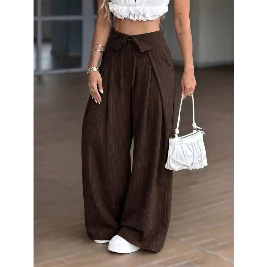 High-Waisted Wide-Leg Pinstripe Pants Brown / S Apparel and Accessories
