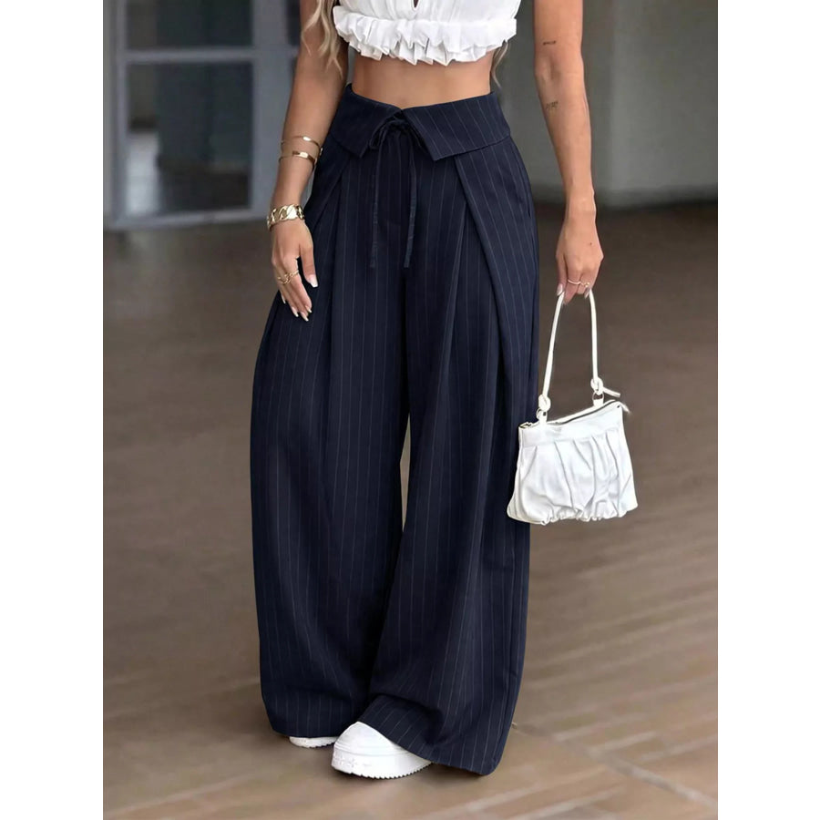 High-Waisted Wide-Leg Pinstripe Pants Navy / S Apparel and Accessories