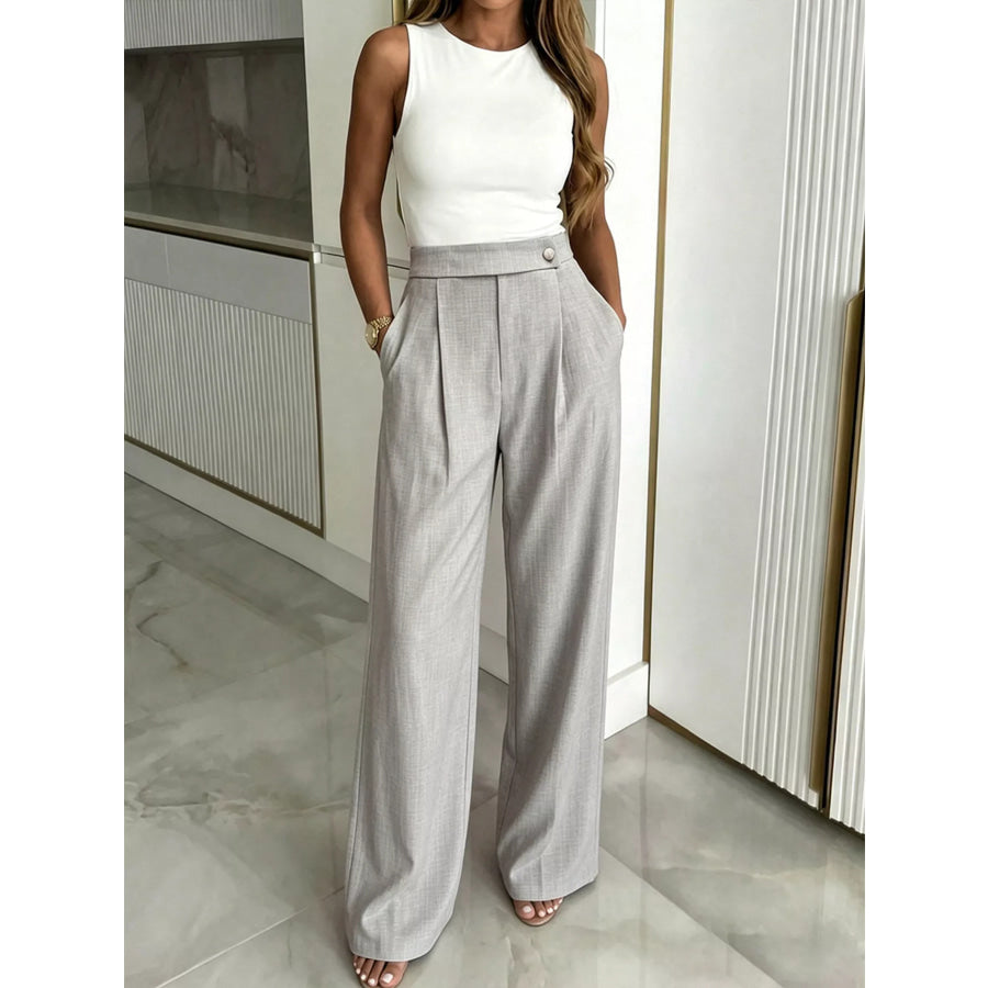High-Waisted Wide-Leg Pleated Pants Gray / S Apparel and Accessories