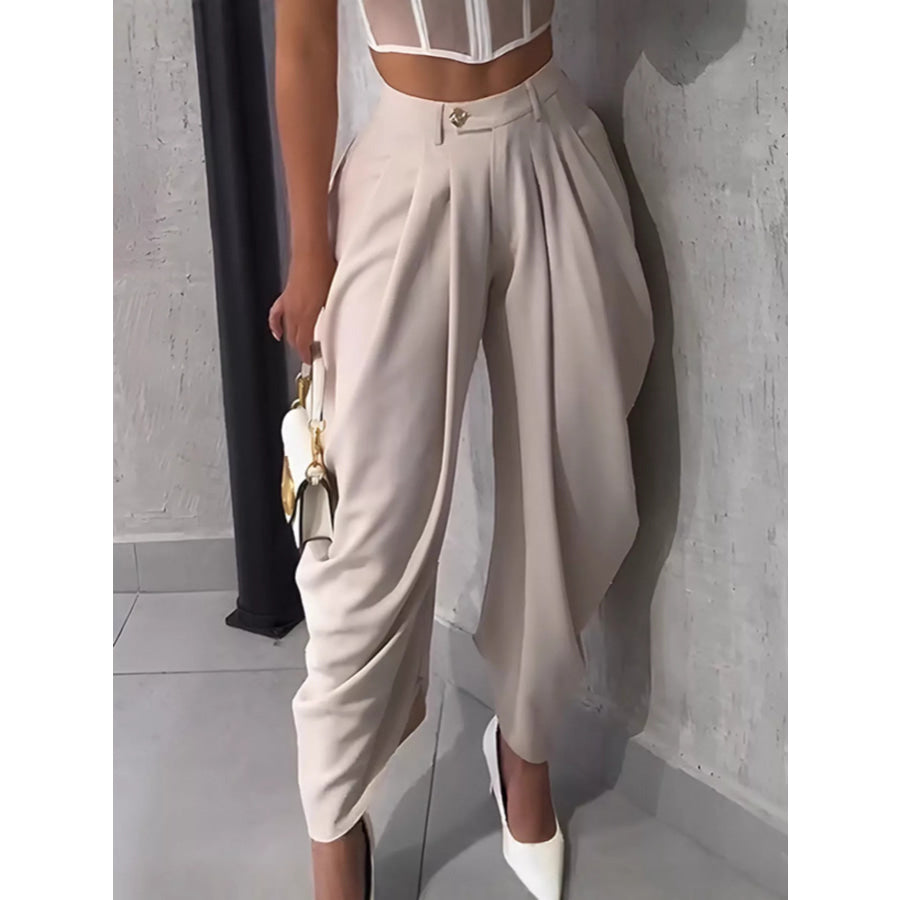 High-Waisted Wide Leg Pleated Pants Apricot / S Apparel and Accessories