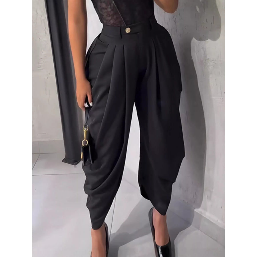 High-Waisted Wide Leg Pleated Pants Black / S Apparel and Accessories