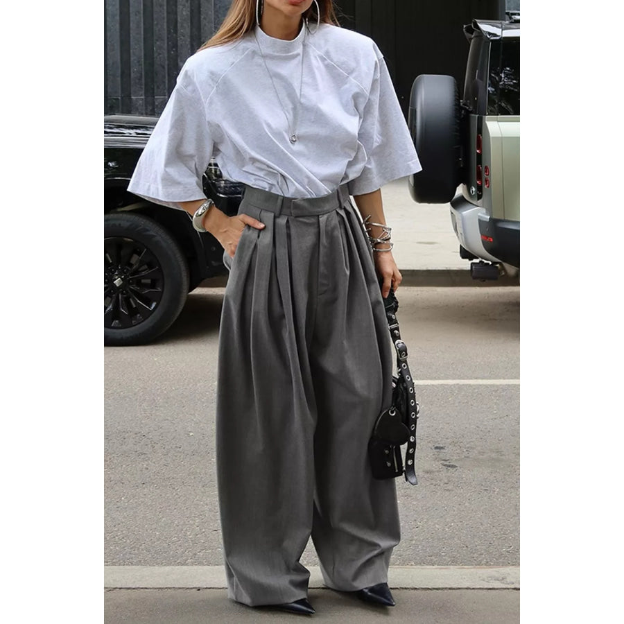High-Waisted Wide-Leg Pleated Pants Dark Gray / S Apparel and Accessories