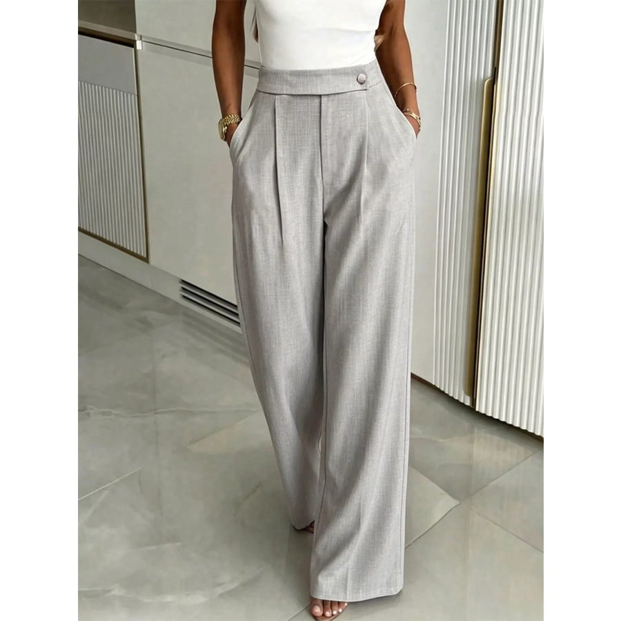 High-Waisted Wide-Leg Pleated Pants Gray / S Apparel and Accessories