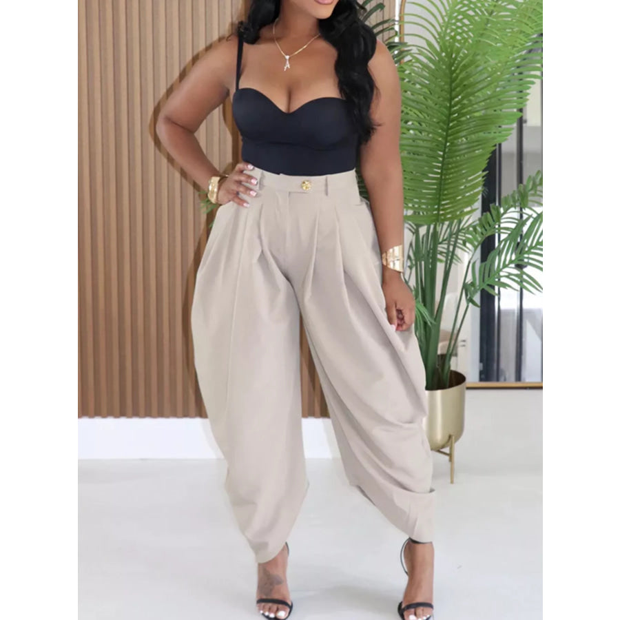 High-Waisted Wide Leg Pleated Pants Light Khaki / S Apparel and Accessories