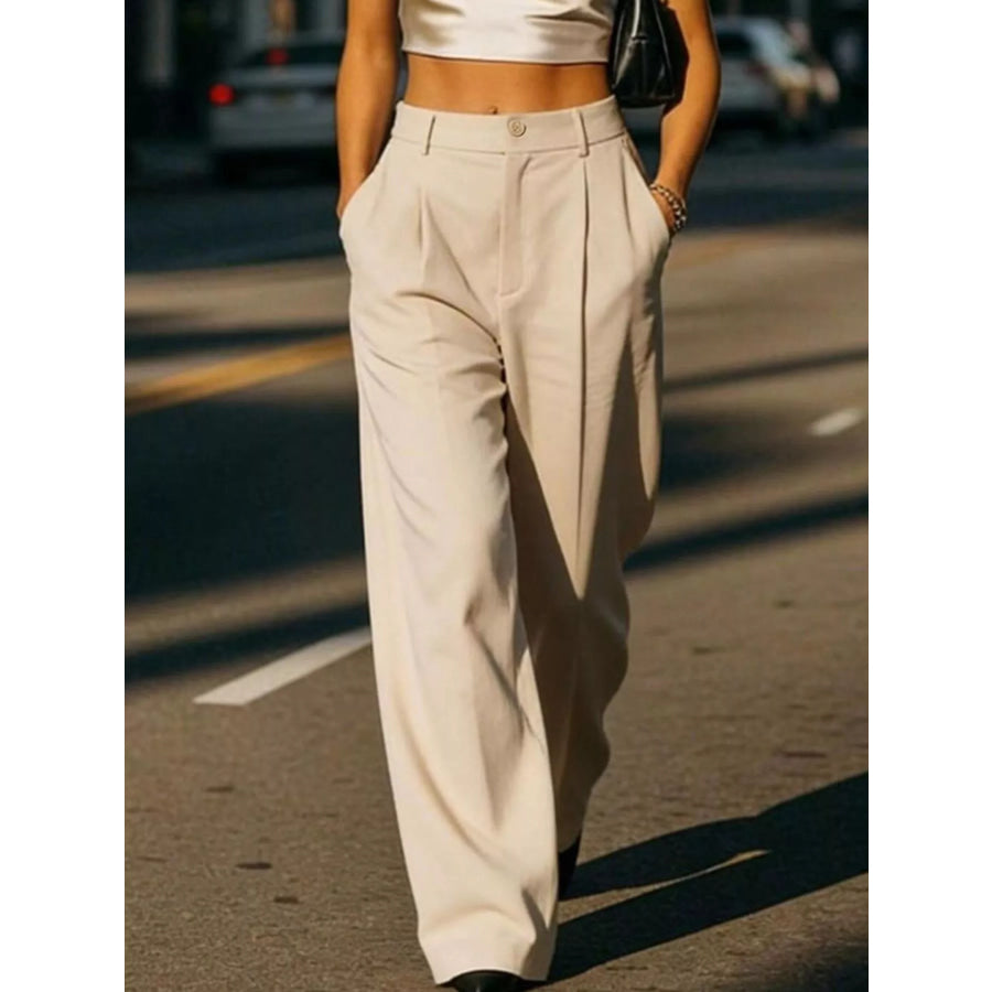 High-Waisted Wide-Leg Pleated Pants Tan / XS Apparel and Accessories