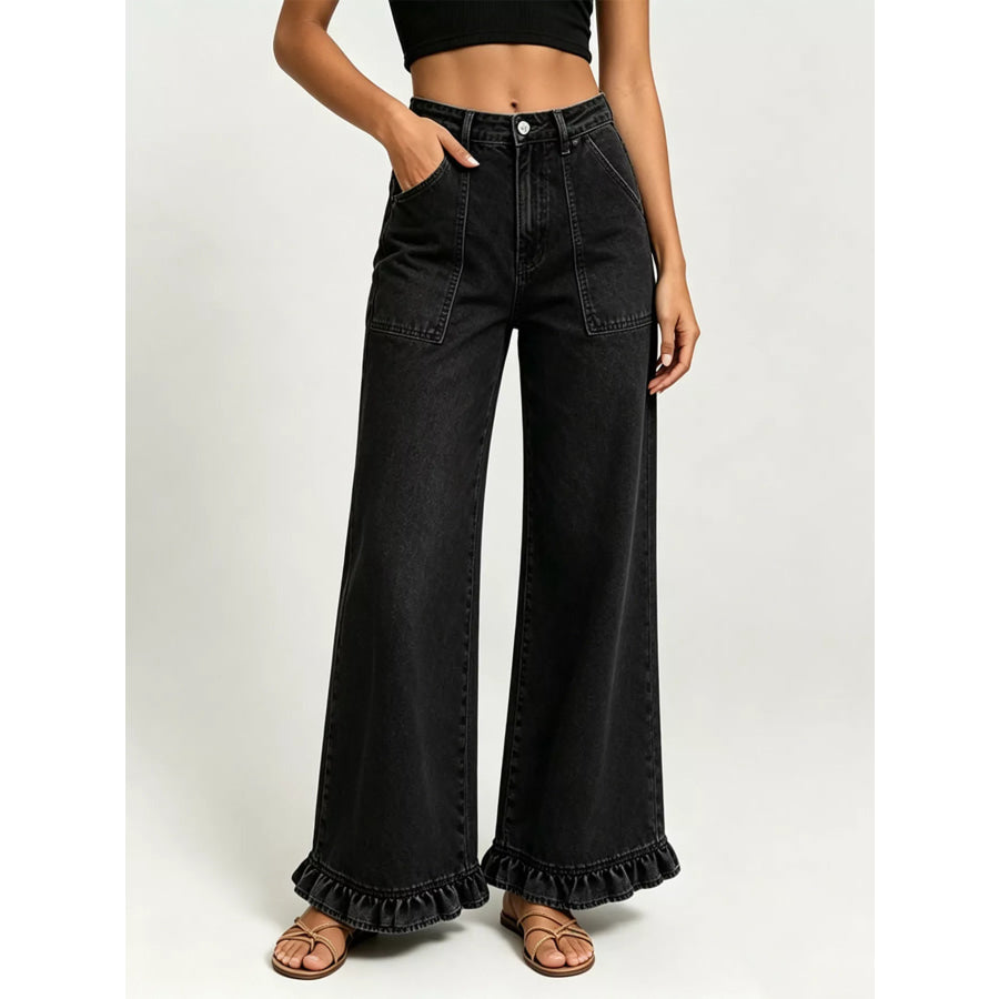 High-Waisted Wide-Leg Ruffle Hem Jeans Apparel and Accessories