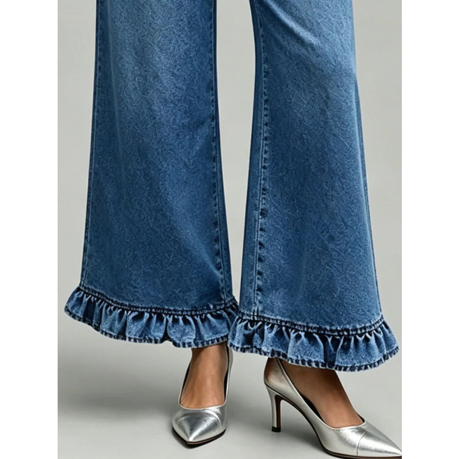 High-Waisted Wide-Leg Ruffle Hem Jeans Apparel and Accessories