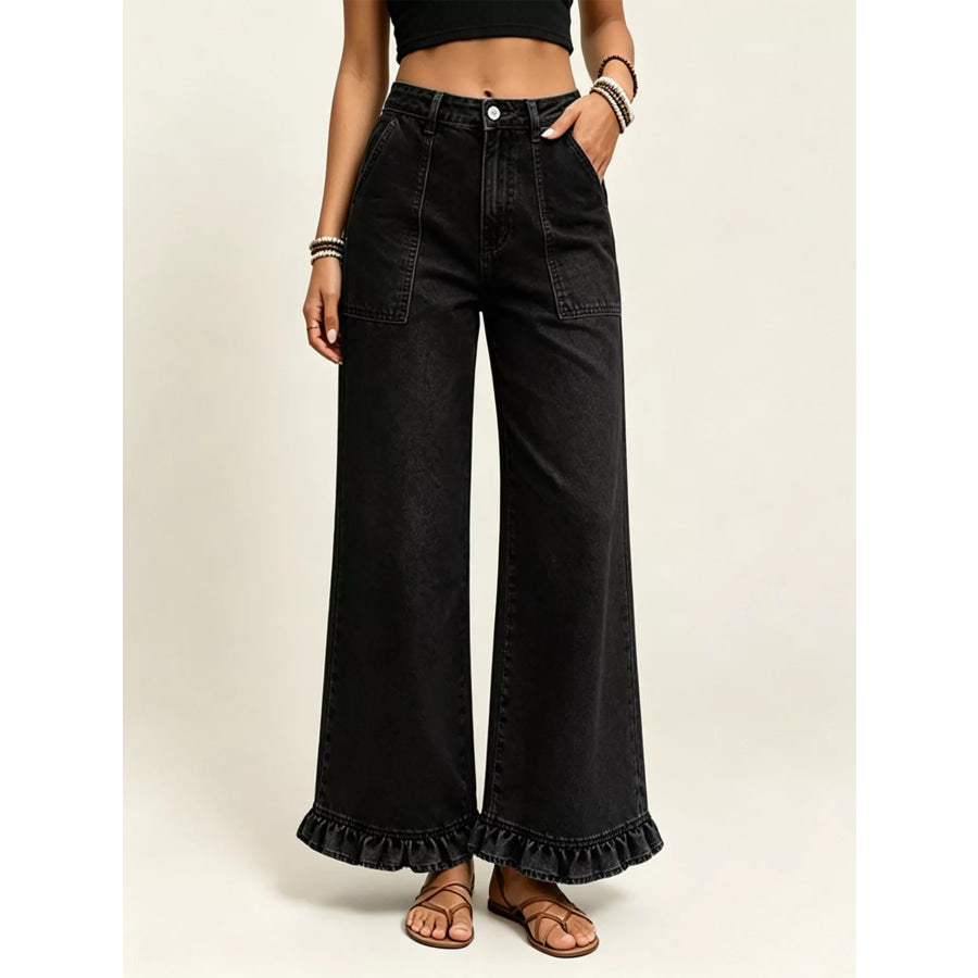 High-Waisted Wide-Leg Ruffle Hem Jeans Apparel and Accessories