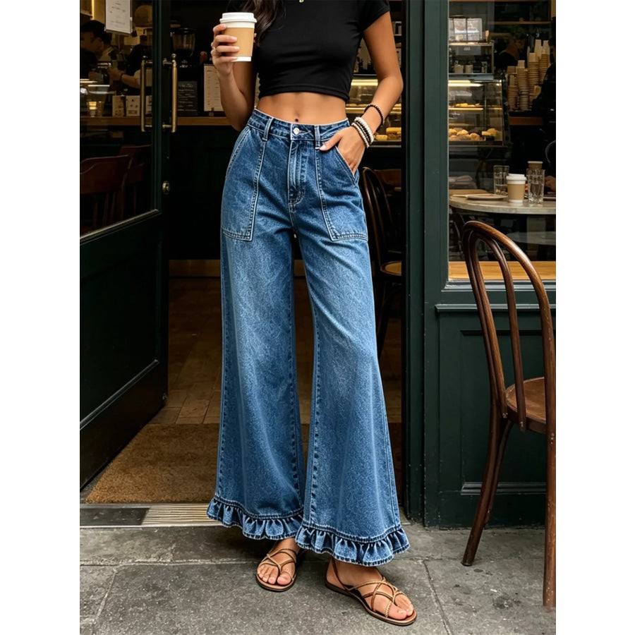 High-Waisted Wide-Leg Ruffle Hem Jeans Apparel and Accessories