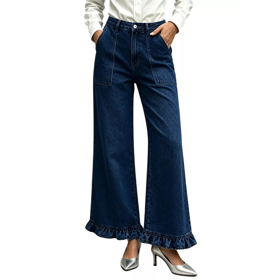 High-Waisted Wide-Leg Ruffle Hem Jeans Apparel and Accessories