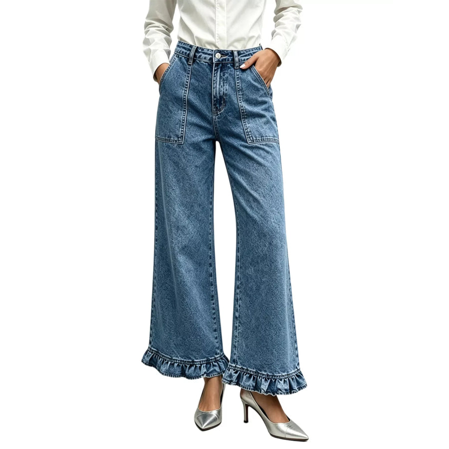 High-Waisted Wide-Leg Ruffle Hem Jeans Apparel and Accessories