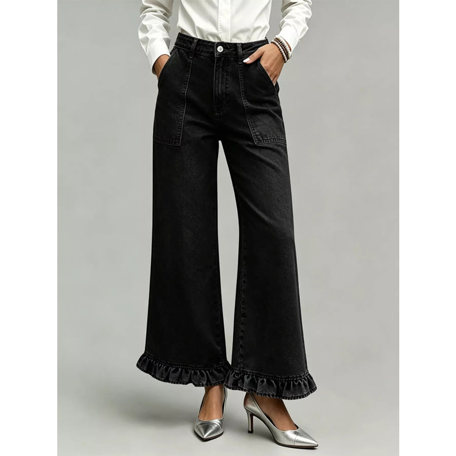 High-Waisted Wide-Leg Ruffle Hem Jeans Black / S Apparel and Accessories
