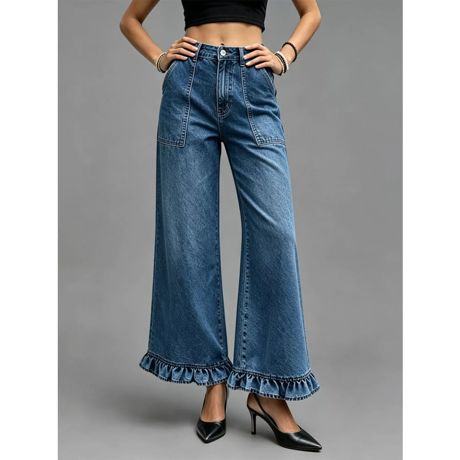 High-Waisted Wide-Leg Ruffle Hem Jeans Medium / S Apparel and Accessories