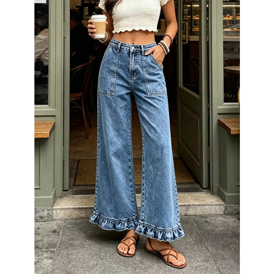 High-Waisted Wide-Leg Ruffle Hem Jeans Sky Blue / S Apparel and Accessories