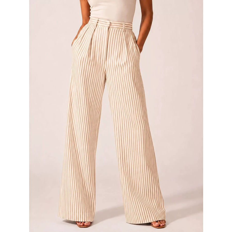 High-Waisted Wide-Leg Striped Pants Apricot / S Apparel and Accessories