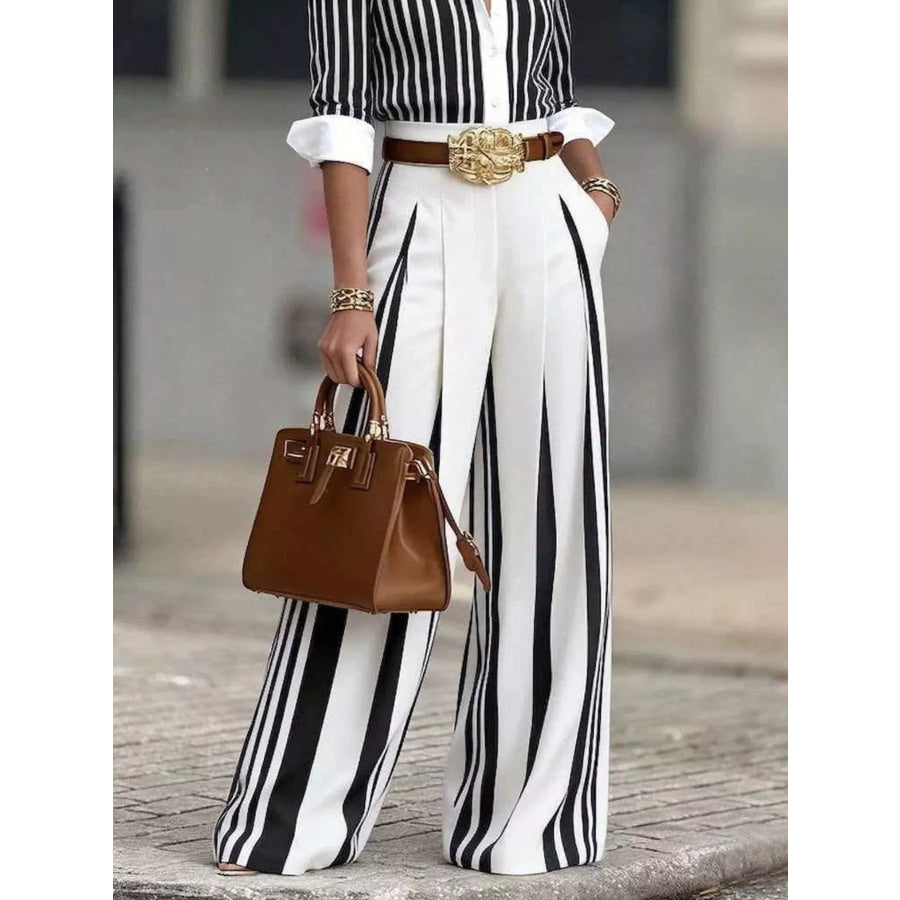 High-Waisted Wide-Leg Striped Pants Black Pants / S Apparel and Accessories
