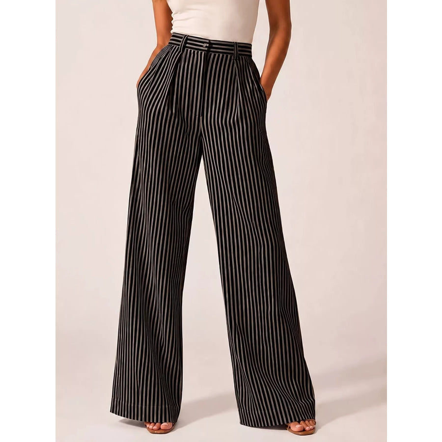 High-Waisted Wide-Leg Striped Pants Black / S Apparel and Accessories
