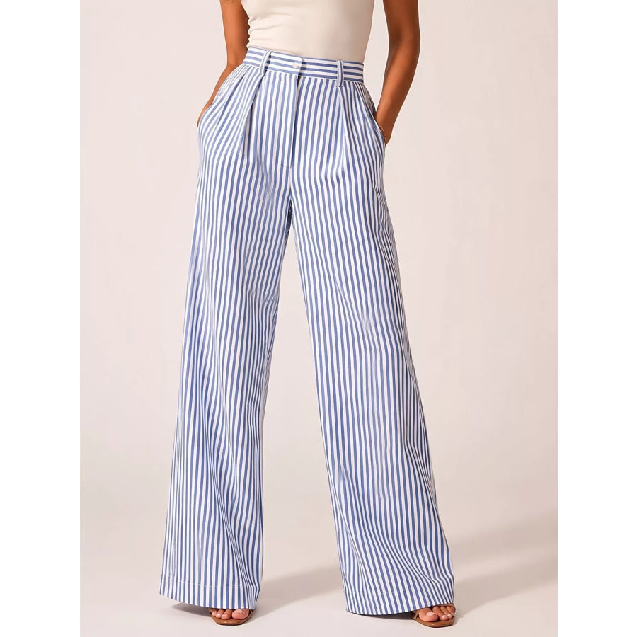 High-Waisted Wide-Leg Striped Pants Blue / S Apparel and Accessories