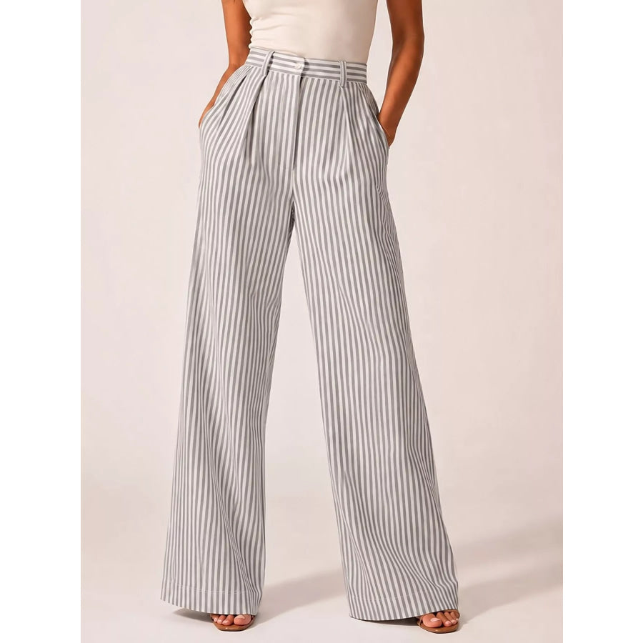 High-Waisted Wide-Leg Striped Pants Gray / S Apparel and Accessories
