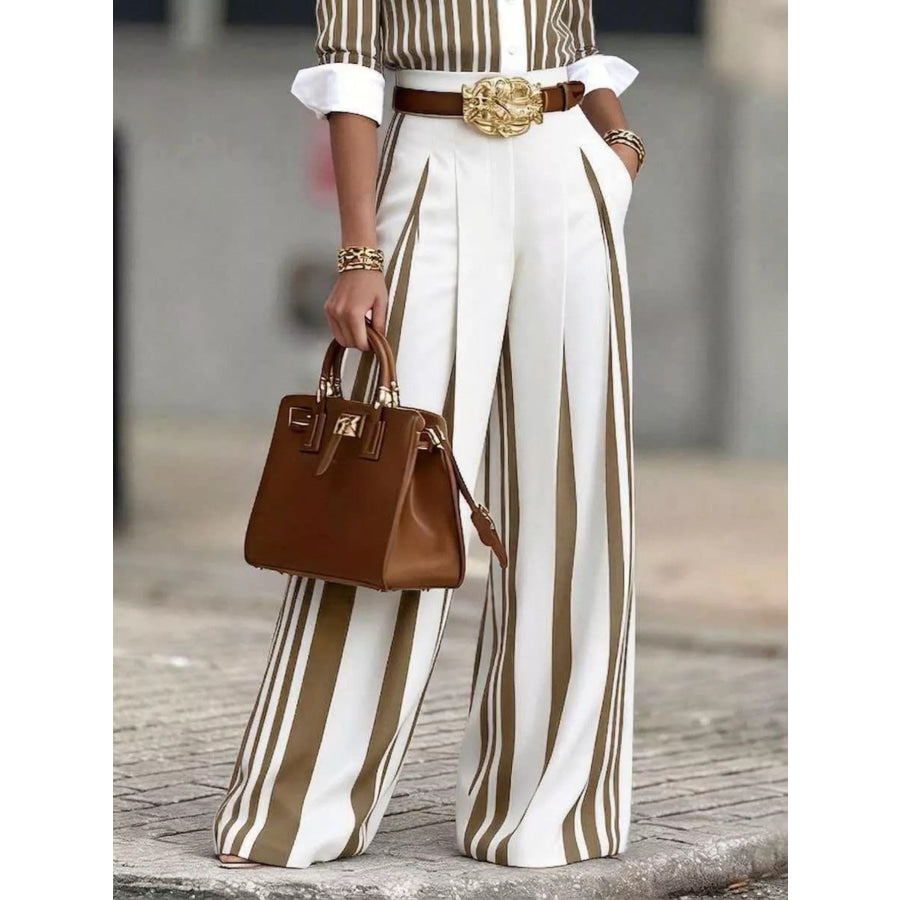 High-Waisted Wide-Leg Striped Pants Khaki Pants / S Apparel and Accessories