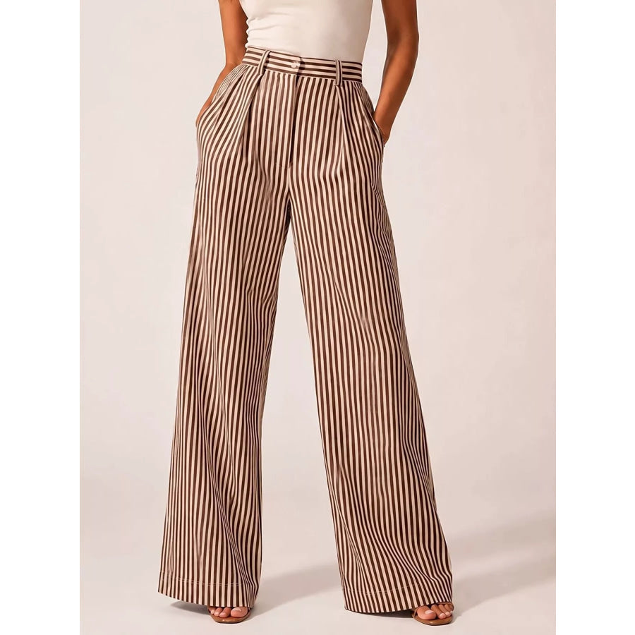 High-Waisted Wide-Leg Striped Pants Khaki / S Apparel and Accessories