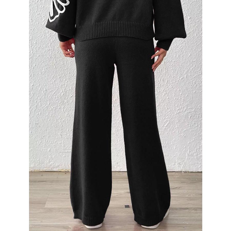 High-Waisted Wide-Leg Sweater Pants with Floral Beaded Decor Apparel and Accessories