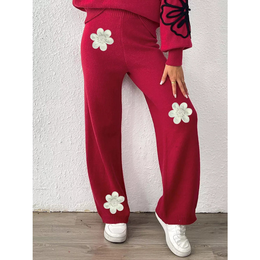 High-Waisted Wide-Leg Sweater Pants with Floral Beaded Decor Apparel and Accessories