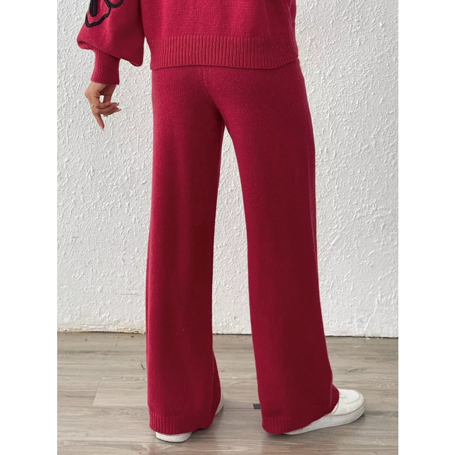High-Waisted Wide-Leg Sweater Pants with Floral Beaded Decor Apparel and Accessories