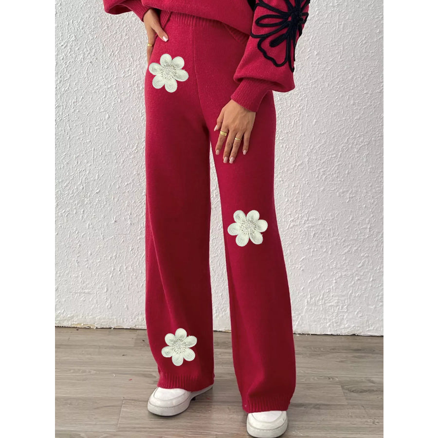 High-Waisted Wide-Leg Sweater Pants with Floral Beaded Decor Apparel and Accessories