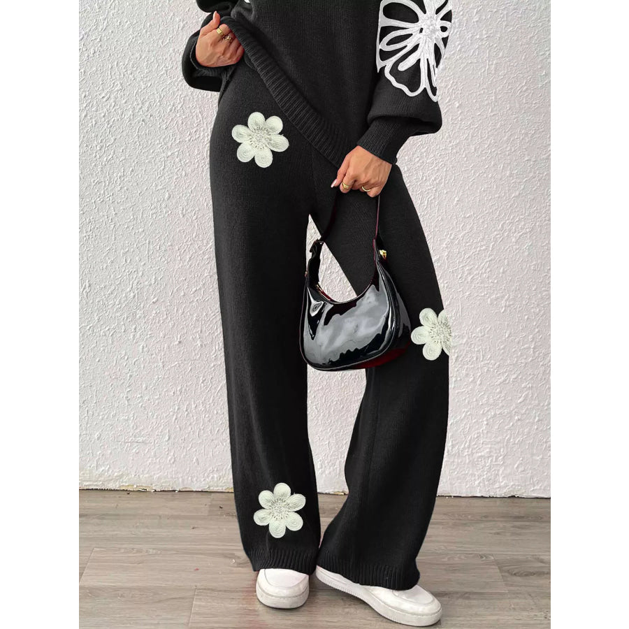 High-Waisted Wide-Leg Sweater Pants with Floral Beaded Decor Apparel and Accessories